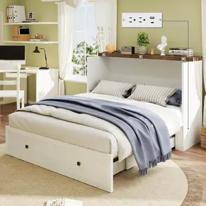 Farmhouse Murphy Bed with Charging Station & Easy Fold-Down - 900lbs Capacity Heavy Duty Murphy Bed Cabinet with Storage for Living Room, Bedroom, Office