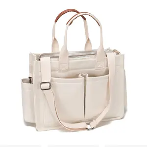 Casual Solid Color Zipper Crossbody Tote Bag, Large Capacity Multi-pocket Design Portable Shoulder Bag for Daily Used, Girl Fashionable Shopping Bag buying slouchy tote lightweight travel Women's Canvas Tote Bag canvas computer Versatile Durable L white l