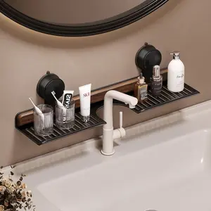 1pc Walnut Suction Cup Faucet Holder, No-Drill Wall-Mounted Bathroom Storage Rack, Vanity Counter Organizer, Space-Saving Design, Bathroom Storage Accessory, Bathroom Organizing Accessories