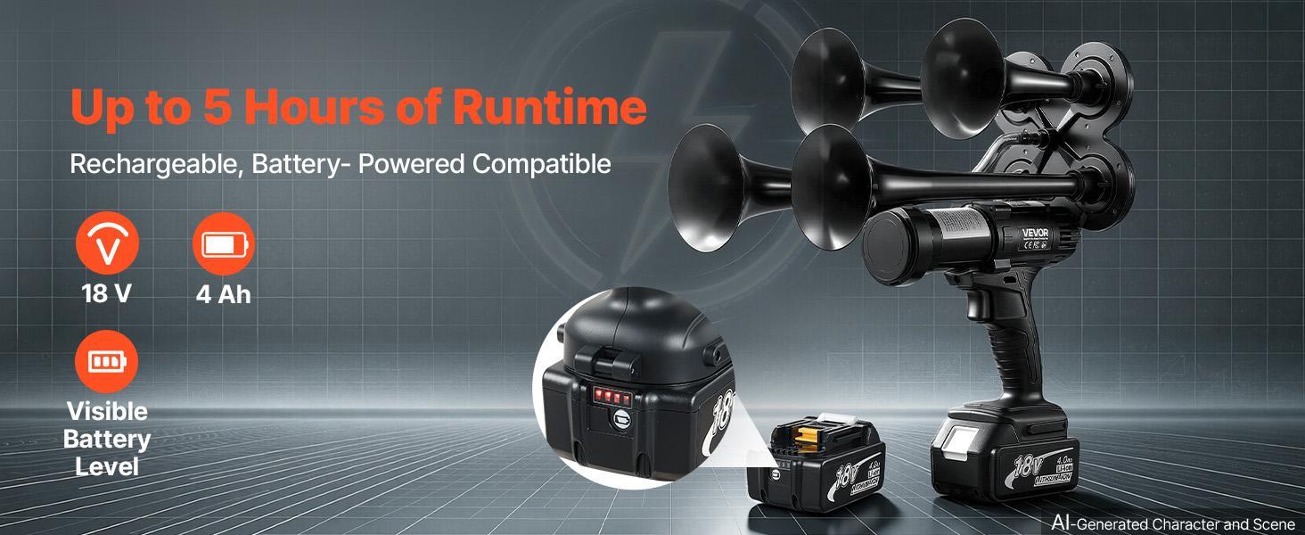 【BackToSchool】VEVOR Cordless 4-Trumpet Air Horn 130dB Train Air Horn & Built-in Air Pump, 18V 4Ah Lithium Battery, Powerful Sound, Strong Penetration, Handheld Portable for Vehicle Alerts, Holiday & Sporting Events