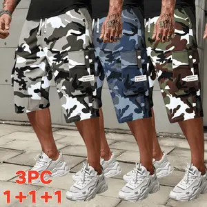3PCS Men's Camouflage Cargo Shorts with Elastic Drawstring Waist - Multiple Pockets, Regular Fit Casual Outdoor Summer Shorts, Durable Non-Stretch Fabric