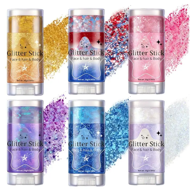 AROIC Body Glitter Stick - 6 Pack Red White and Blue Face & Hair Glitter with Chunky Sequins, 4th of July USA Rave Accessories Sparkling Face Paint with Fruit Scent for Festival Makeup Concert Party