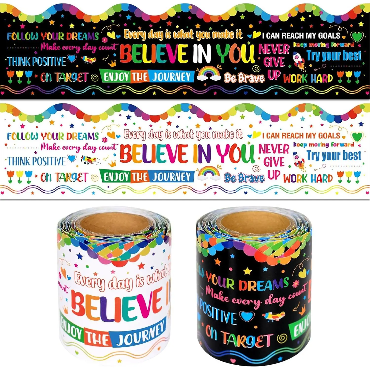 Bulletin Board Trim, 2 Rolls of Scalloped & Straight Decorative Border with Growth Mindset Themes, 65.6 ft Back-to-School Classroom Wall Decor, Inspirational Quote
