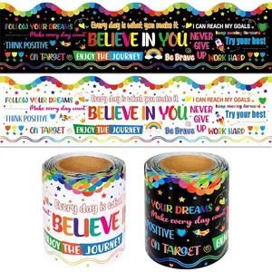 2 rolls of inspirational quote bulletin board borders (65.6 ft), motivational scalloped growth mindset straight decorative border trim for back-to-school classroom wall chalkboard decor