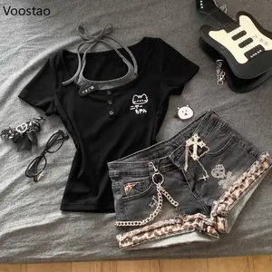 Japanese Kawaii Cute T-Shirt Shorts 2 Piece Set Women  Aesthetic Cartoon Print Tee Tops Gothic Denim Shorts Girls Suit 2000s