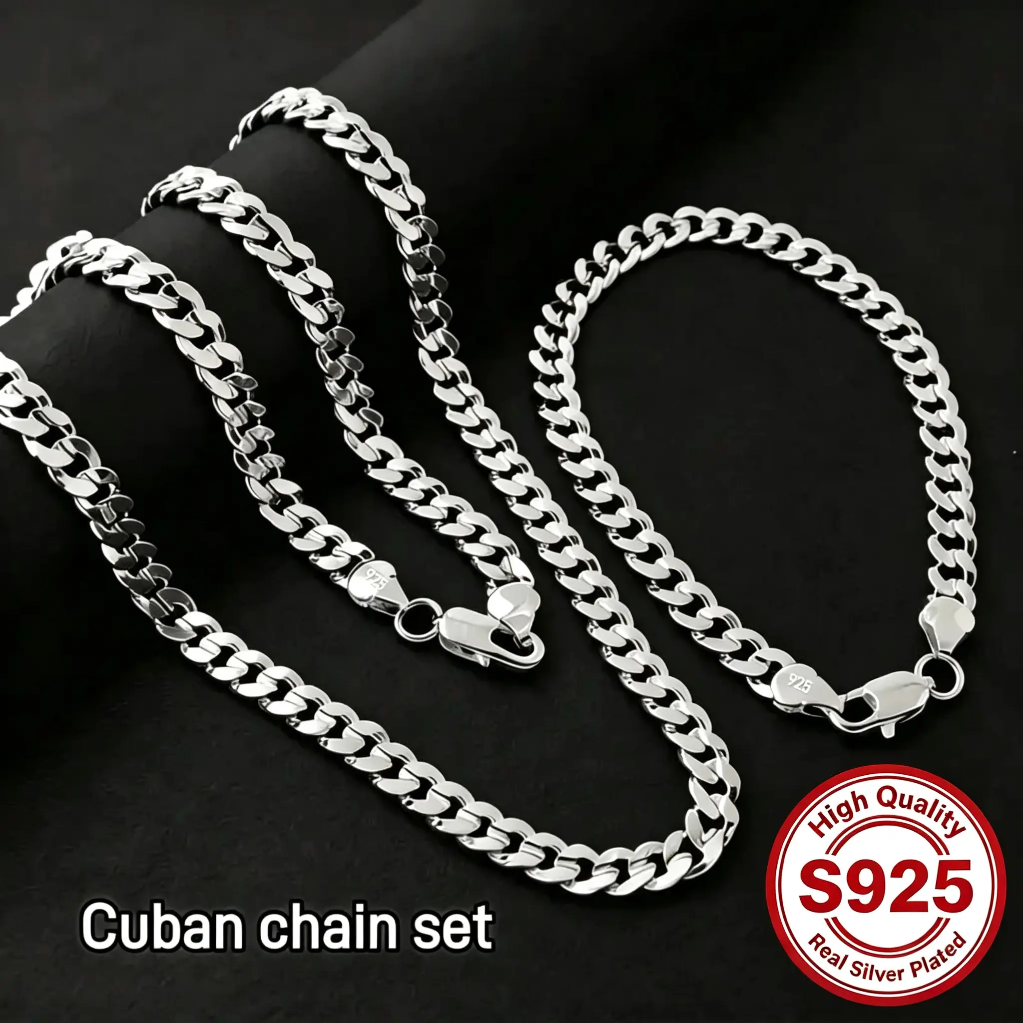 Men’s 2-Pcs 925 Silver Plated 7mm Classic Cuban Curb Chain & Link Jewelry Set - Necklace & Bracelet, Lobster Clasp, Sideways Flat Chain, 19.68in/23.62in Necklace + 7.87in Bracelet, Sleek Finish, Elegant Thoughtful Birthday Daily Gift, Cuban Curb Link Chai