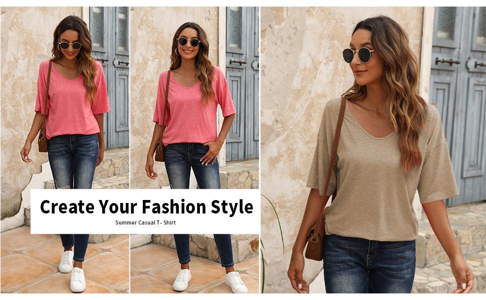 Imily Bela Women's 3/4 Sleeve Shirts V Neck Loose Fitting Tops Casual Solid Color Tshirts Trendy Basic Tunic Summer Ladies Tops