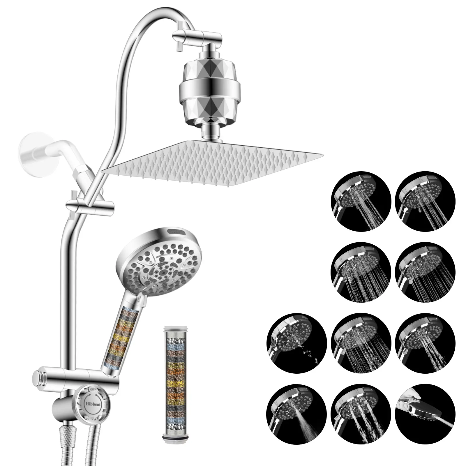 Hibbent All-Metal Dualhead Multi-Filtered 10" Rainfall Waterfall Showerhead Combo, High-Pressure Filtered Shower Head with 10-Spray Handheld, 4-Way Diverter with Pause, 71" Hose & Holder, Chrome, Multi-Filtered Showerhead Filters