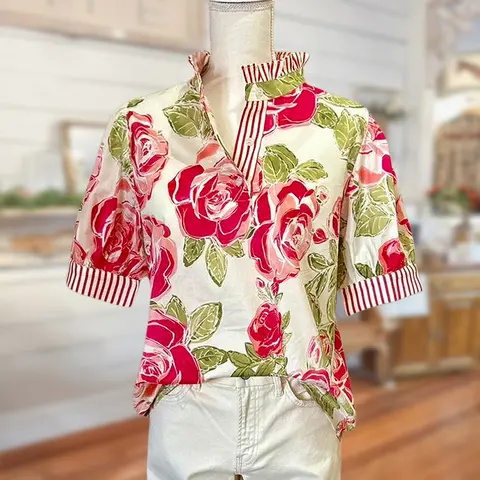 Sage Vell Women Rose Print Blouse Vintage Ruffle Collar Short Puff Sleeve Striped Cuff Shirt Casual Floral V Neck Summer Top for Daily Wear Beach Vacation Streetwear