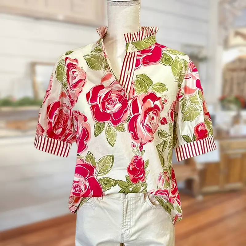 Sage Vell Women Rose Print Blouse Vintage Ruffle Collar Short Puff Sleeve Striped Cuff Shirt Casual Floral V Neck Summer Top for Daily Wear Beach Vacation Streetwear