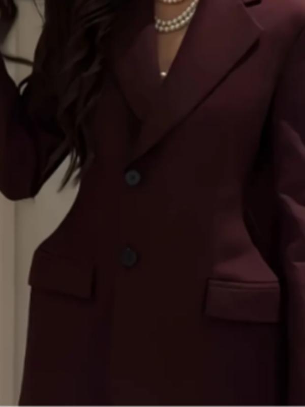 Vintage Wine Classic Collar Blazer Jacket, Elegant Fitted Design, Spring & Fall Fashion, Plain Pattern, Women's Outerwear