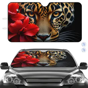 Car Sun Shade Leopard Print with Red Flowers Auto Windshield Cover for Car Interior Protection And Decoration