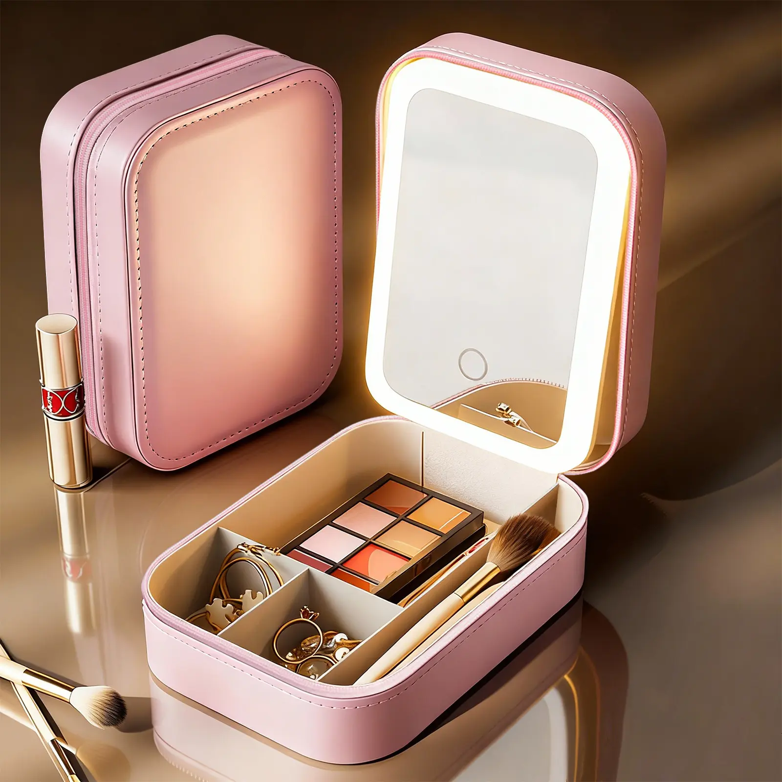 Travel Makeup Bag With Mirror, Lighted Makeup Organizer With 3 Lighting Modes & Stepless Dimming, Rechargeable Cosmetic Makeup Mirror With Smart Touch Control, Travel Must Haves Jewelry Box, Gift For Women, Birthdays Christmas Gift