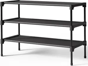 3 Tier Shoe Rack Organizer - 11.7x24.5x21 in Wide Stackable Shoe Shelf, Non-Woven Storage for Closet, Entryway (Black)
