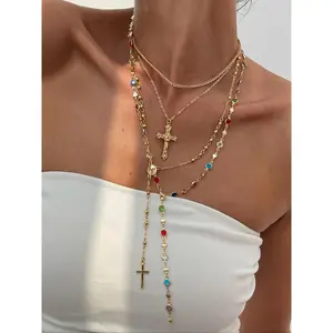 4 Piece Set Vintage Metal Jesus Cross Y-Style Long, Bohemian Style Boho Chic Colorful Crystal Glitter Cross Pendant Jewelry, Perfect Fashion Gift for Women