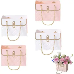 4 PCS Flower Paper Gift Box, Bouquet Storage Bucket Florist Handbag with Metal Chain, Gift Craft Wrap Bag for Wedding Party Valentine's Day Birthday Mother's Day Bridal Shower Gift Wrap Bags (White Pink)