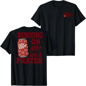 Dr Pepper Running On Dr Pepper and a Prayer Graphic Black T-Shirt with Vintage Soda Can Illustration and Bold Typography Print, Funny Streetwear Tee for Men Women Unisex Casual Summer Shirt
