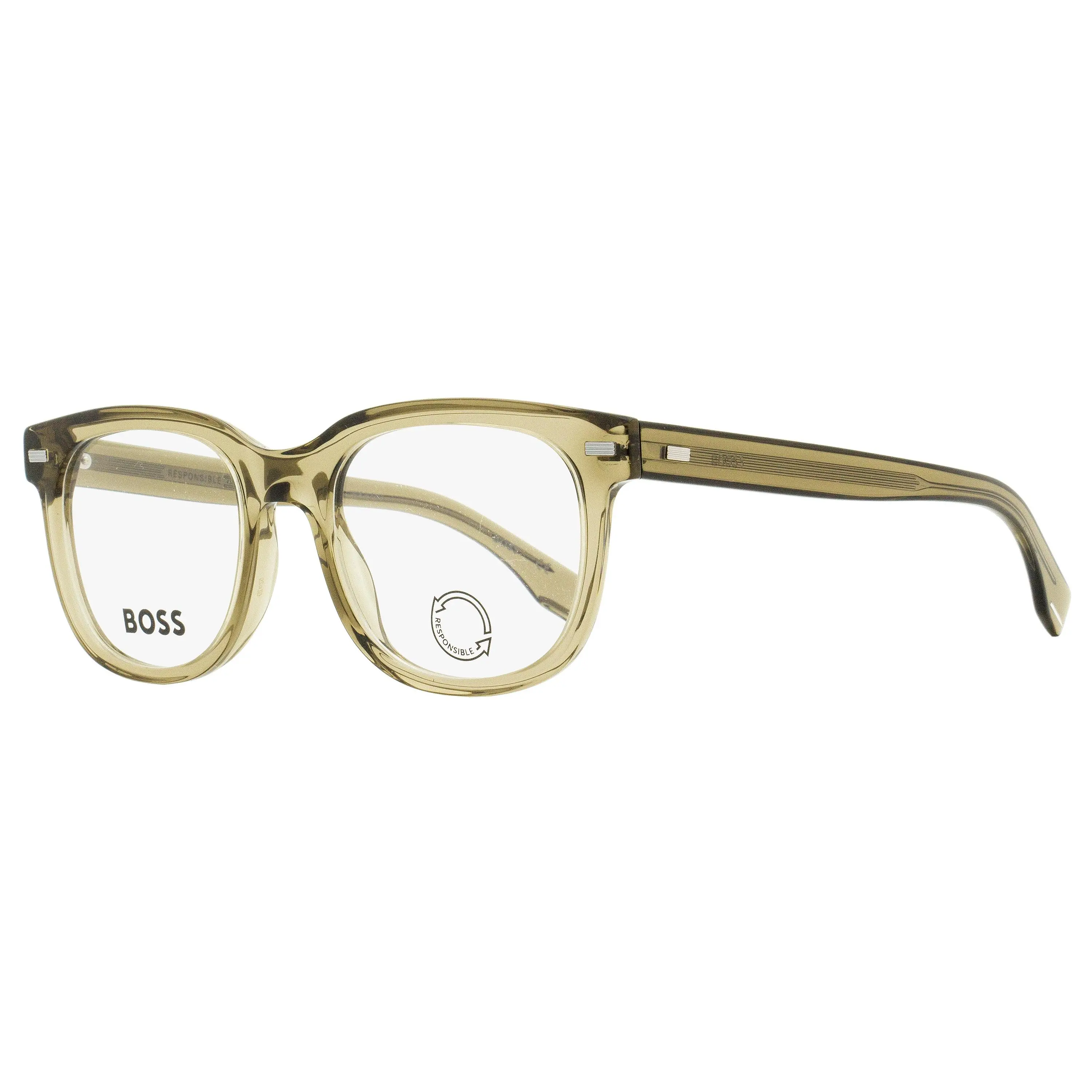 HUGO BOSS B1444N Men's Rounded Square Eyeglasses in Eco Acetate, Urban Look with Replaceable Lenses, Transparent Brown 52mm, Adult, Bisphenol A (Bpa), Boss Branding, Contemporary Designs, Demo Lenses Included