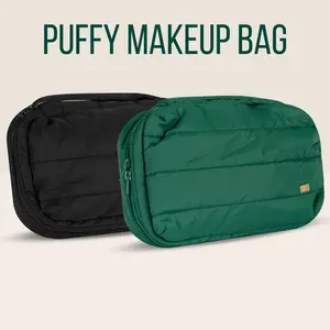 TAD Puffy Makeup Bag - Soft Stylish Travel Organizer with Mesh Pocket & Exterior Zipper for Lash Essentials in Black or Green