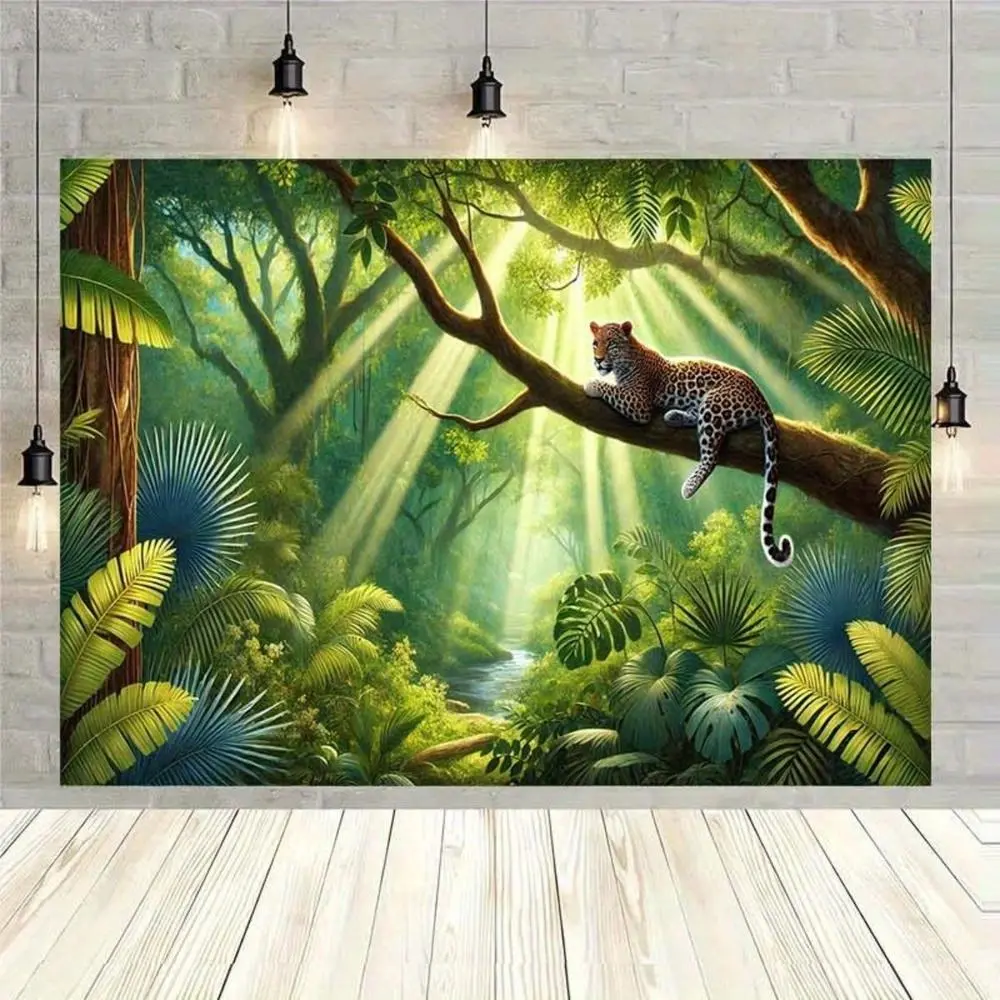 1pc Tropical Rainforest Jungle Wall Tapestry - Large Lush Green Jungle Scene with Sloth & Leopard, Hanging Decor for Home, Garden,, Birthday Wedding Party Decorations, Jungle-Themed Room Decorations, Easy to Han