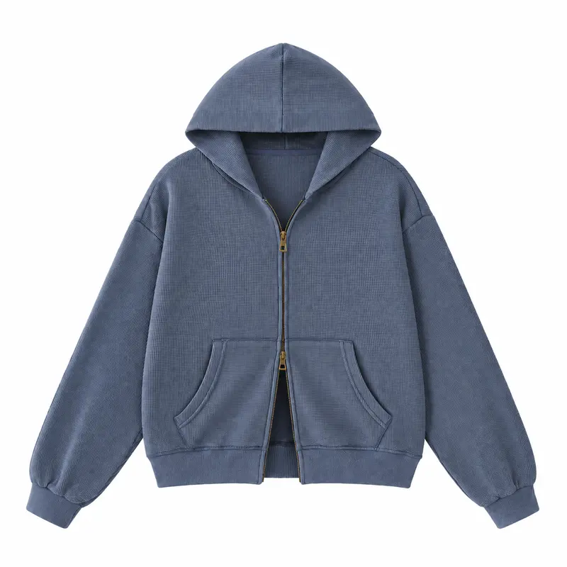 FAIABLE Vintage Washed Waffle Zip Up Hoodie for Women & Men, Double Zipper Regular Fit Cotton Blend Hooded Sweatshirt Casual Jacket