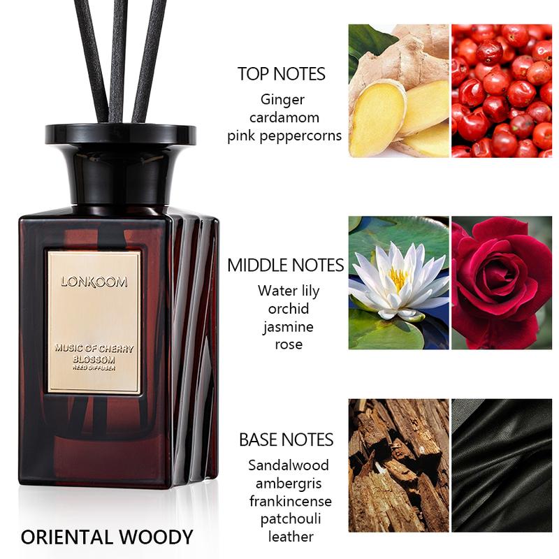ENCHANTED Woody Reed Diffuser Set 5 oz (150ml) Oriental Woody Scented Diffuser with Sticks Home Fragrance for Bathroom Shelf Decor by lonkoom Aroma Floral Gift Oil Freshener Flower