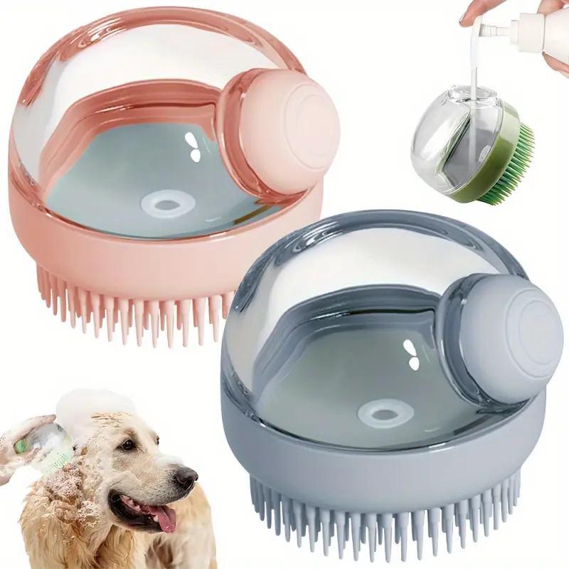 A dog bath brush with a soap dispenser, silicone bristles for pet grooming, massaging and shampooing, suitable for long and short-haired dogs and cats, a non-charging plastic bathing tool, Grooming Supplies and Tools