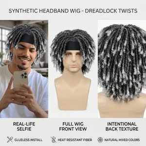 Short Dreadlock Wig with Headband for Men Synthetic Braided Twist Curly Hair Wig Hip Hop Reggae Afro Wig Natural Looking Everyday Wear