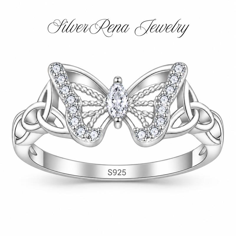 Women's S925 Sterling Silver Butterfly Ring - 5A Cubic Zirconia Accent, Celtic Knot Design, Daily Wear Artificial Gemstone Jewelry