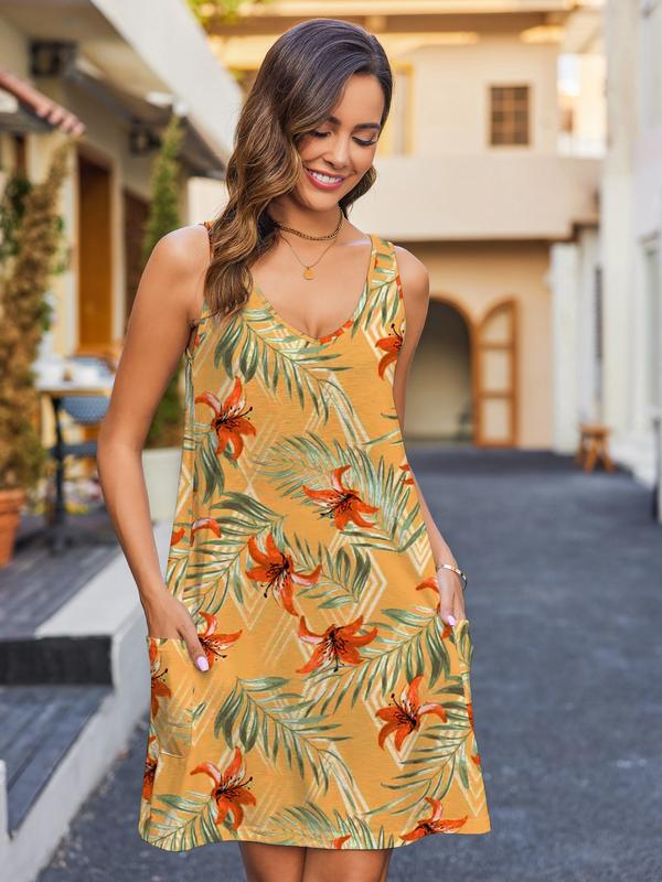 Women's Casual Sundress with Pockets Spring Summer Boho Beach Dress Floral T-Shirts Dress V Neck Loose Tank Dresses Flowy Swing A-Line Mini Dress Machine Washable Elegant Womenswear Thin Slightly translucent Sizes run small