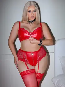 LUSHLACE Plus Size 3-Piece Lingerie Set Zipper Lace PU Punk for Special Evenings
