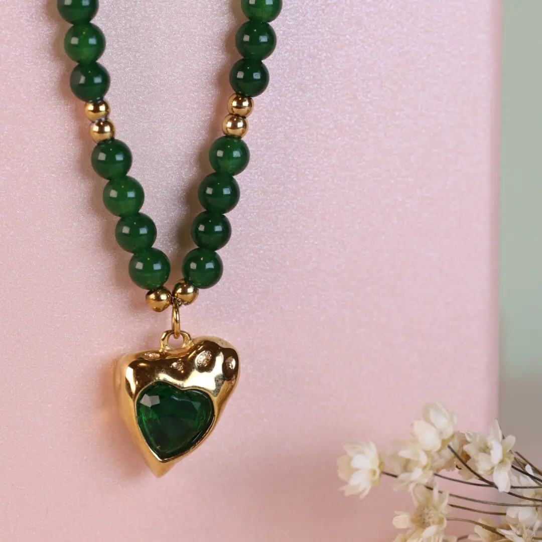 Agatha Necklace – Natural Agate Bead Necklace with Green Stone Heart Pendant