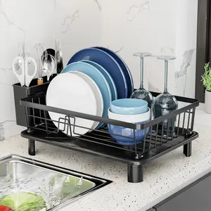 Dish Drying Rack, Space-Saving Dish Rack, Dish Racks for Kitchen Counter, Kitchen Dish Drainers with Removable Utensil Holder,Plate Rack and Drainboard, 11''W x 15''L, Black