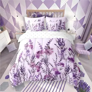 Purple Floral Bed in a Bag Comforter Set,7 Piece,Plant Leaf Bedding Set,Romantic Flower Branches Sheet Set with Comforter