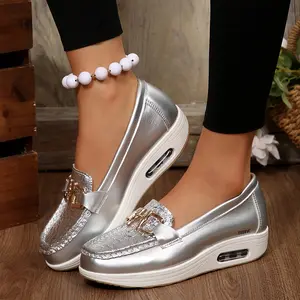 Women's Air Cushion Platform Loafers Embossed Design Pattern Slip-On Shoes with Metal Buckle Comfort Casual Footwear Indoor Outdoor Shoes