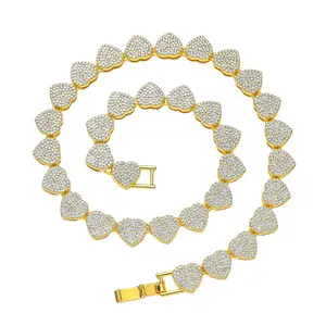 Heart-Shaped Iced-Out Cuban Chain Necklace & Bracelet Set | Sterling Silver Unisex Hip Hop Jewelry with Punk Edge Chunky Gold  Men's Gold Plated Choker Set Cuban Chain for Boys Rhinestone Punk Cuban Link Necklace Hip Hop Cubic Diamond Heart Necklace