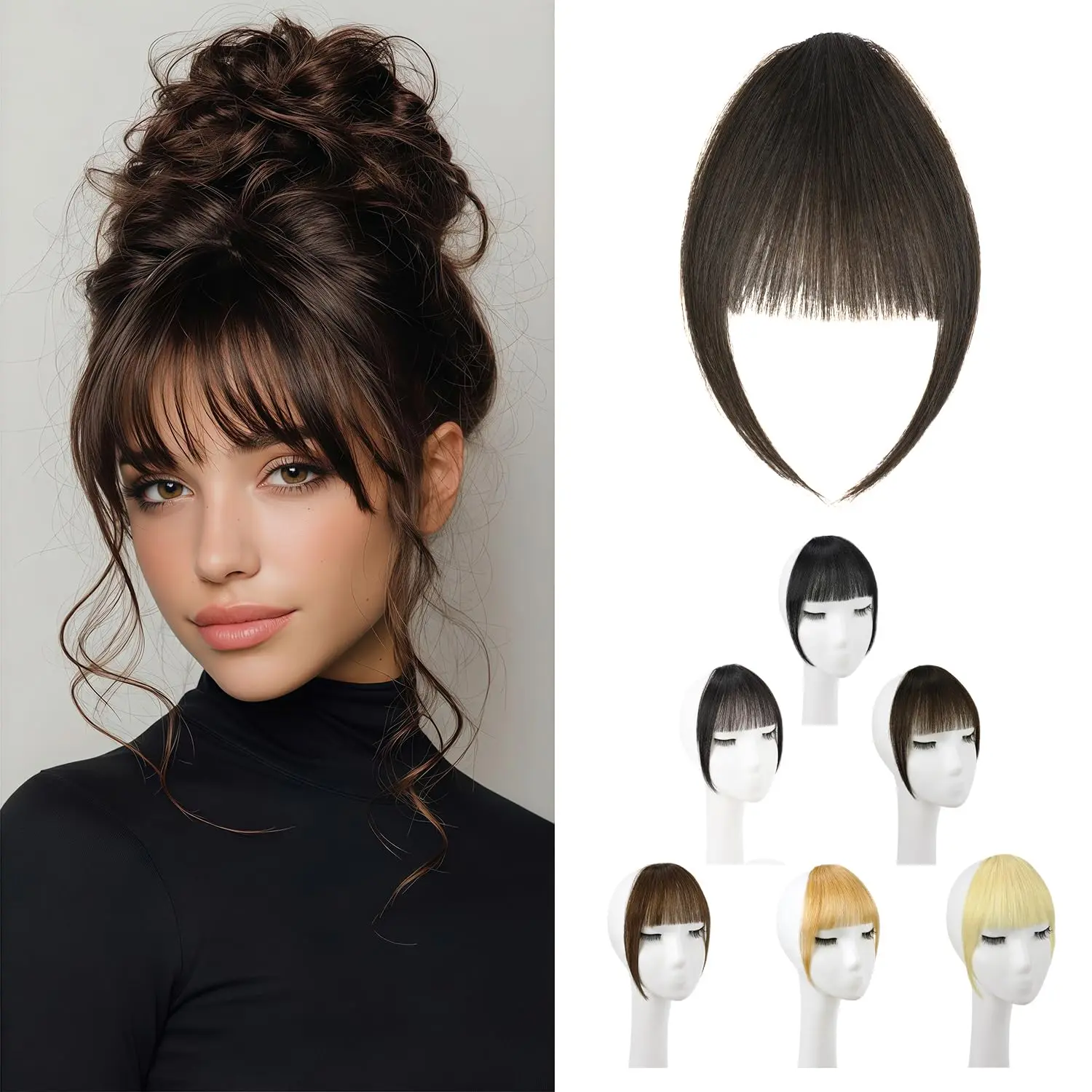 Clip in Bangs, 100% Real Human Hair Dark Brown Wispy Bangs Hair Clip Soft Layered Natural Curtain Fringe with Temples Hairpieces for Daily Wear & Halloween(Wispy Dark Brown)