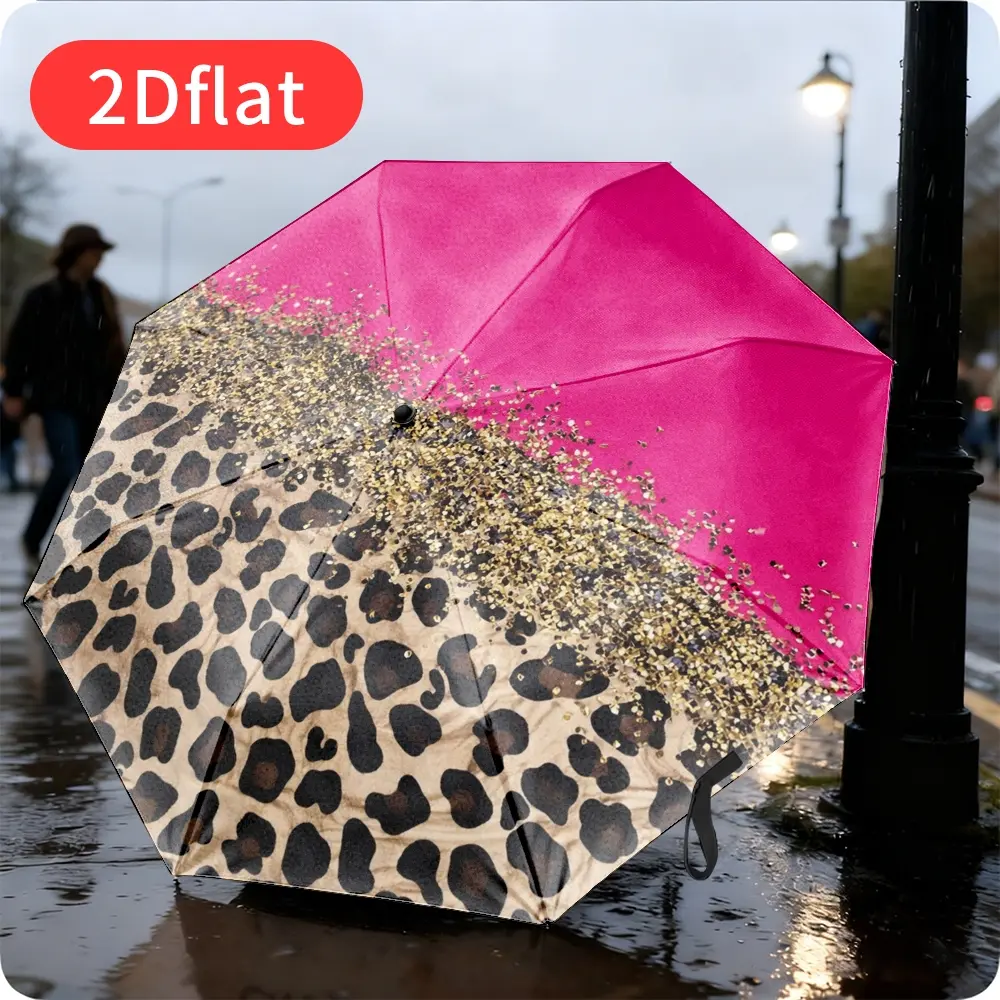 Automatic Open-and-Close Pink Leopard Print Umbrella with Gold Sparkle Accents – 8-Rib Compact Travel Umbrella, All-Season Portable Folding Design, Ideal Fashion Accessory for Women's Everyday Use and Special Occasions