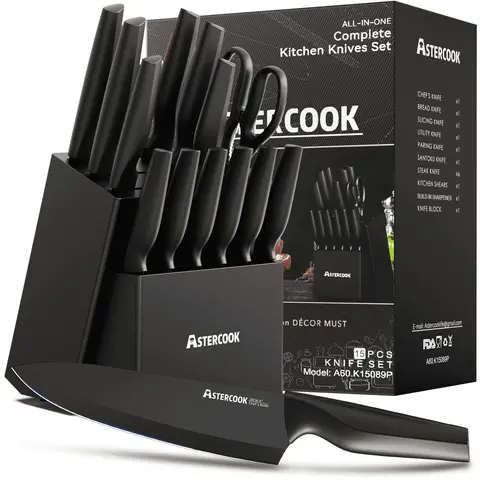 Astercook 15-Pcs Kitchen Knife Block Set - Thick Polypropylene Ergonomic Handles, 6 Serrated Steak Knives, Kitchen Shears, Self-Sharpen Block, Built-In Sharpener, Dishwasher Safe, Durable, Hand Fatigue Reduction for Home Use