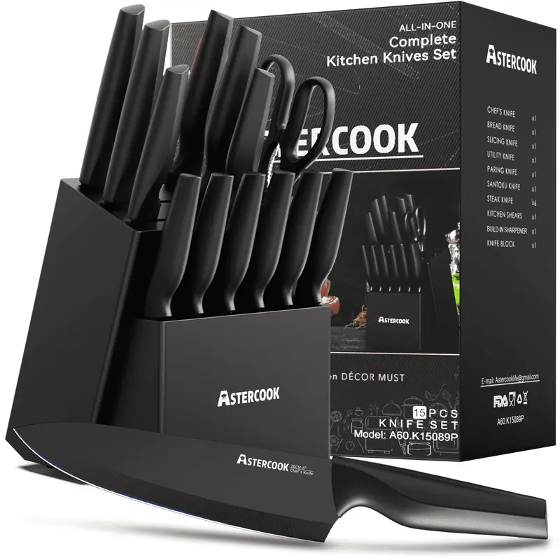 Astercook 15-Pcs Kitchen Knife Block Set - Thick Polypropylene Ergonomic Handles, 6 Serrated Steak Knives, Kitchen Shears, Self-Sharpen Block, Built-In Sharpener, Dishwasher Safe, Durable, Hand Fatigue Reduction for Home Use