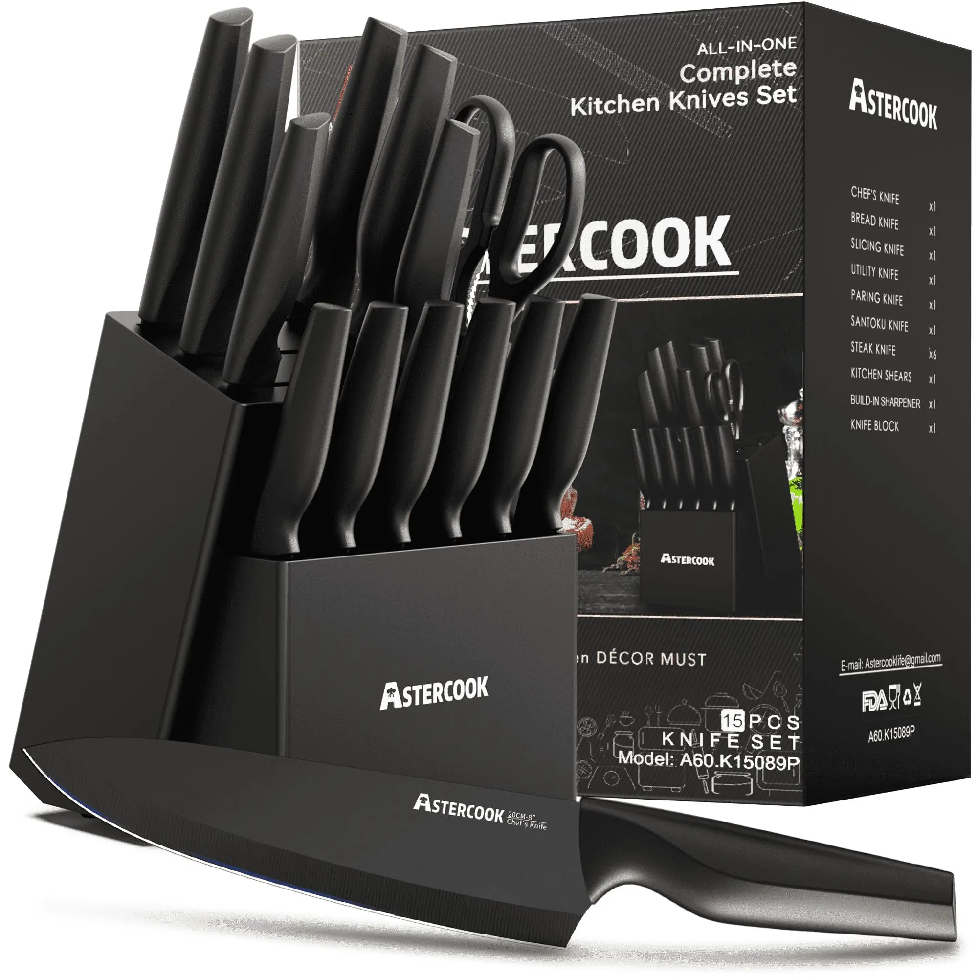 Astercook Kitchen Knife Set, Built-in Knife Sharpener, Dishwasher Safe, Knife Set with Steak , black Kitchen Knives Block Home Multicolor Cutting