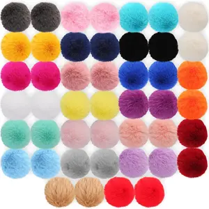46 Piece Bommel for Hat, Faux Fur Rabbit Fur Pompons, 8cm Fur Bommel, Pompoms with Elastic Band for Knitting Beanies Shoes Scarves Keychains Crafting
