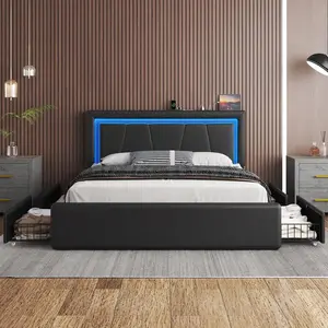 Foam-Filled Upholstered Metal Bed Frame - Anti-Rust Build, 4 Sliding Storage Drawers, USB Port Charging Station, LED Light-Accented Headboard, Sturdy Slat Support, Silent, No Box Spring Needed, Self-Assembling (Black/White, Queen Size, 1000 lbs Capacity)