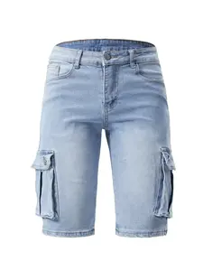Men's Casual Streetwear Sporty Multi-Pocket Elastic Light Wash Denim Shorts, Fashion Solid Color Summer Leisure Jeans Shorts, Trendy Design