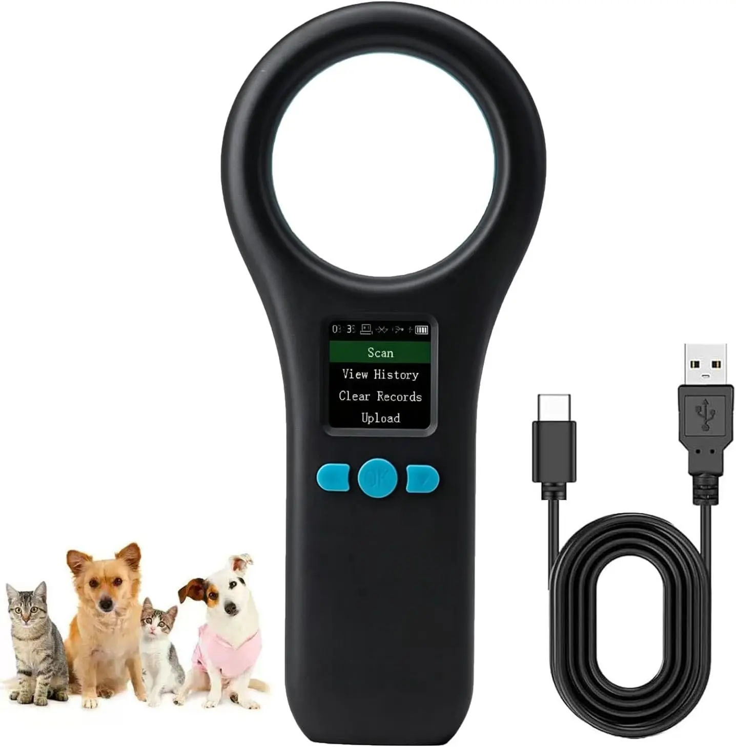 Pet Microchip Scanner, ISO11784/85/FDX-B/EMID Handheld Animal Micro Chip Reader 134.2KHz/125KHz Rechargeable Pet ID Scanner with 500 Data Storage for Dog/Cat/Pig/Animal (Black)