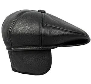 REED Men's Classic Newsboy Flat Cap Hat with Ear Flaps PU Faux Leather Light Weight Round Brim for Year Round Wear