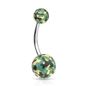 Surgical Steel Belly Button Ring 14 Gauge & Acrylic Green Camouflage