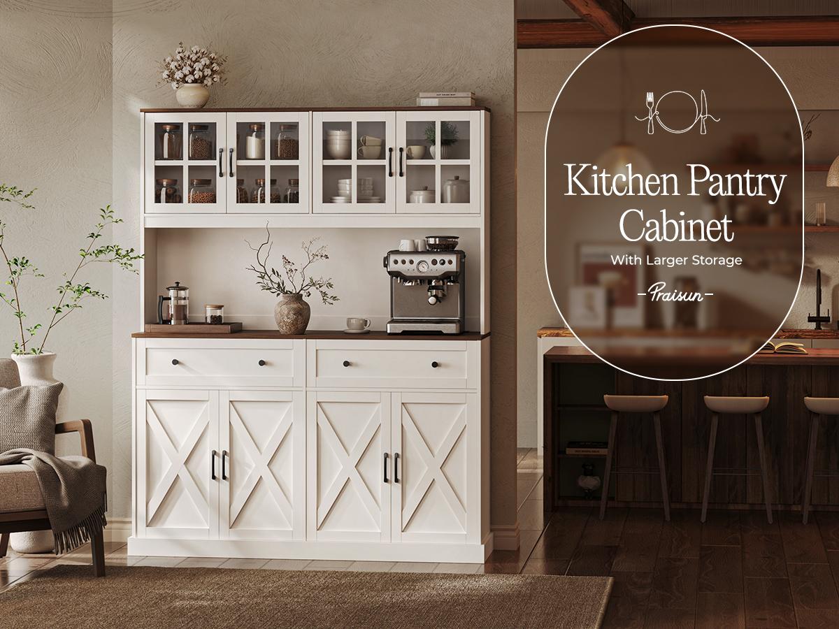 【2 Packages Shipping】PRAISUN 71''H x 55.1''W Pantry Cabinet with Charging Station, 4 Wide Cabinets Kitchen Pantry with 2 Drawers, Farmhouse Hutch Storage Cabinet, Tall Coffee Bar, Acrylic Door, Adjustable Shelves