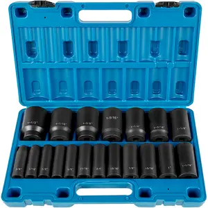 Combined 19-Piece & 26-Piece 1/2" Drive Deep 6-Point Impact Socket Sets, Cr-V Material, Metric & SAE Options, with Storage Cage