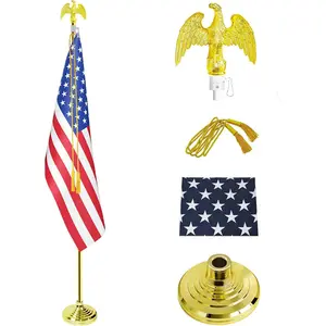 Indoor Flag Pole Kit - Telescoping 6FT-8FT Flag Pole with Base, 3x5 FT  Flag,  Topper, Yellow Pendant - Glod Flagpole and Stand, for Office School City Hall(1Pack)